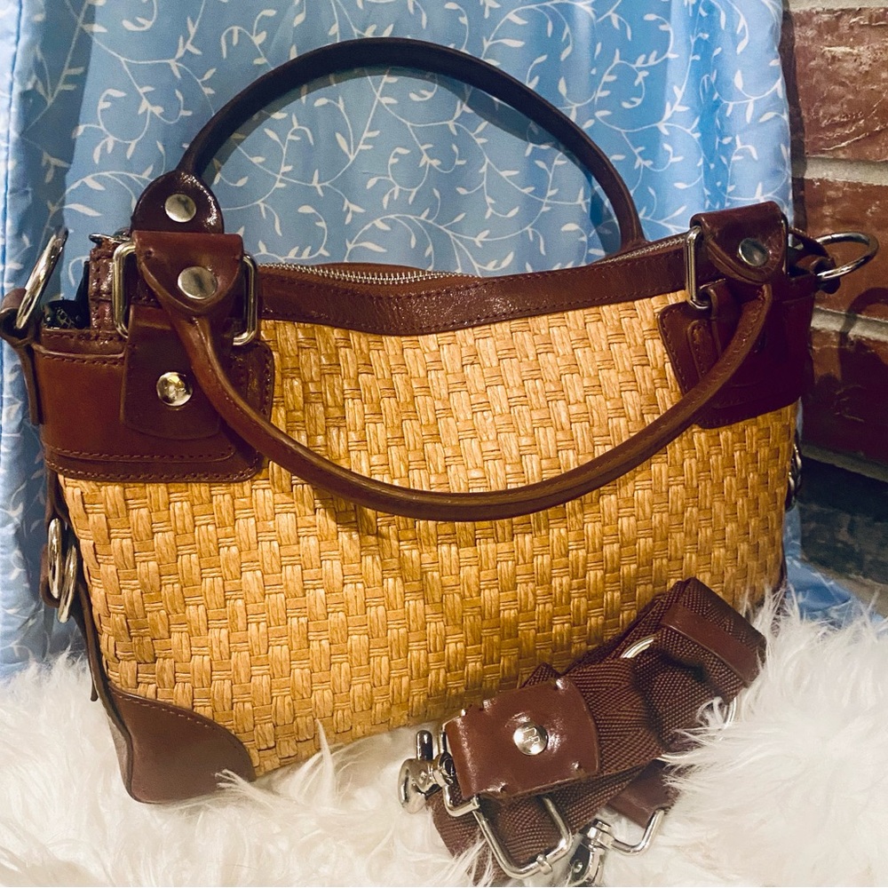 Donald J Pliner -Tan and Brown Woven Handbag w/removable shoulder strap